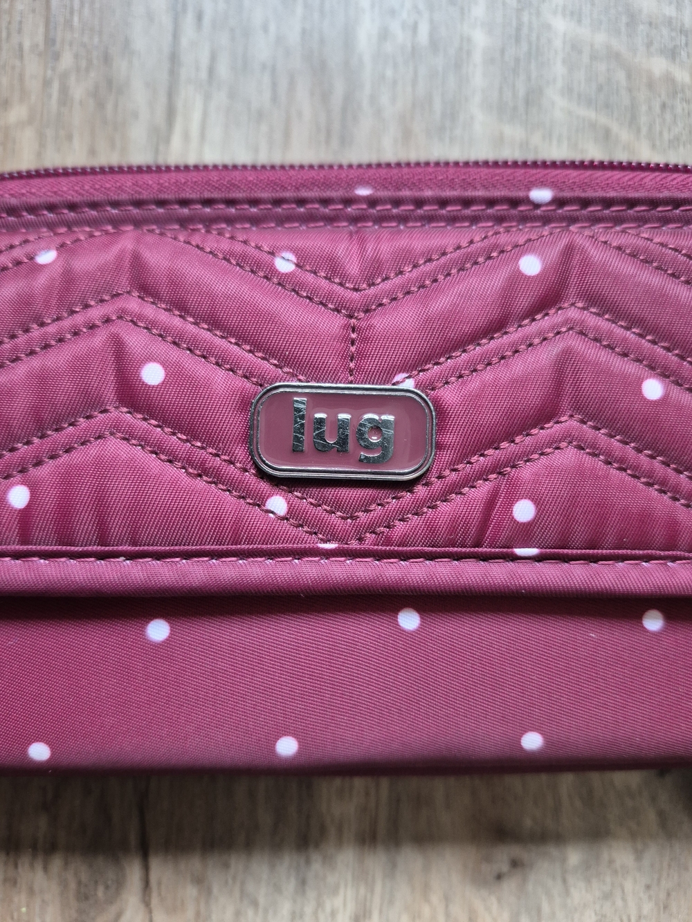 lug Kickflip Women's Quilted Wristlet Wallet in Raspberry Polka Dot RFID - Picture 3 of 8